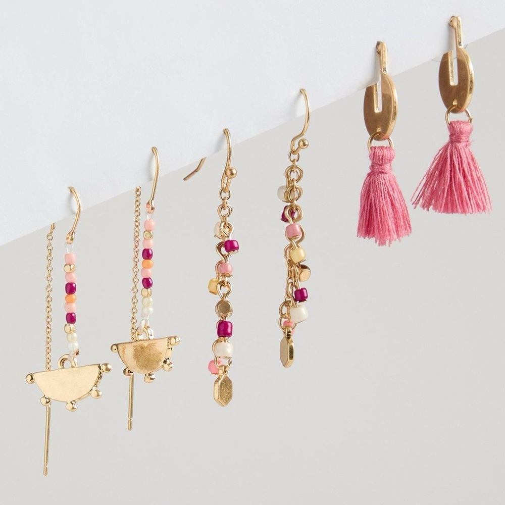 Torrid Shakey Tassel Linear Earring Set 3 PAIRS gold & pink colors Sherbet - Picture 8 of 8